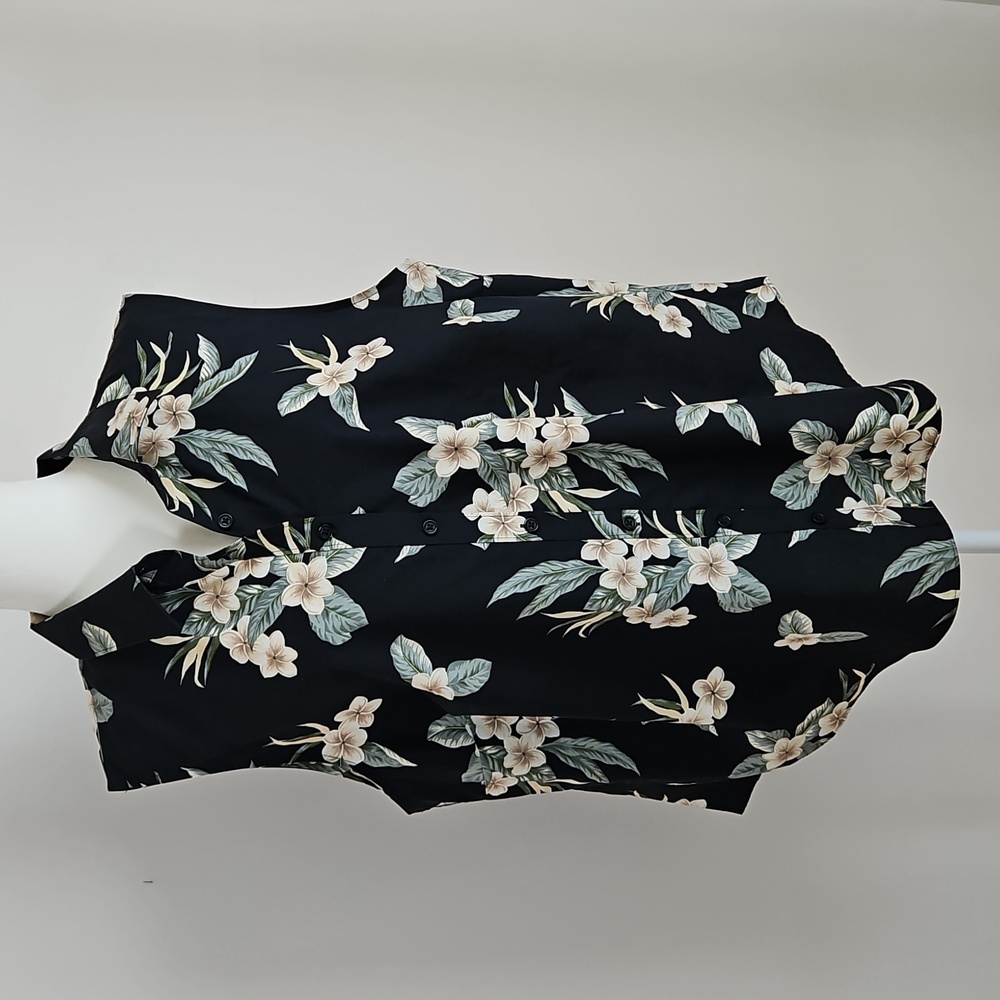Lands End Plumeria Floral Button Up Sleeveless 100% Cotton Black Green 2X Resort